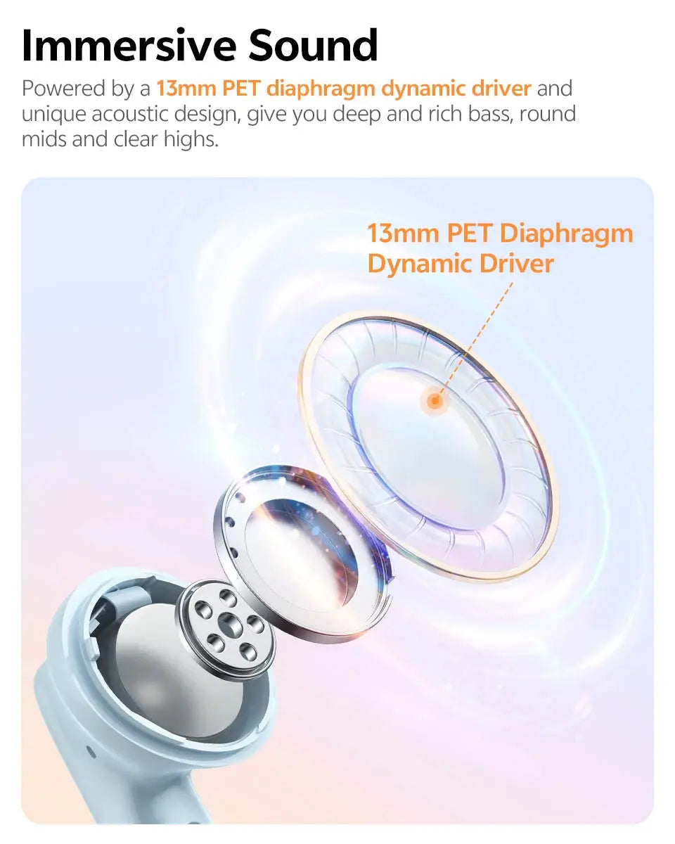 QCY T13 Pro HT23 adaptive ANC wireless earbuds with 13mm PET diaphragm dynamic driver, light blue shell