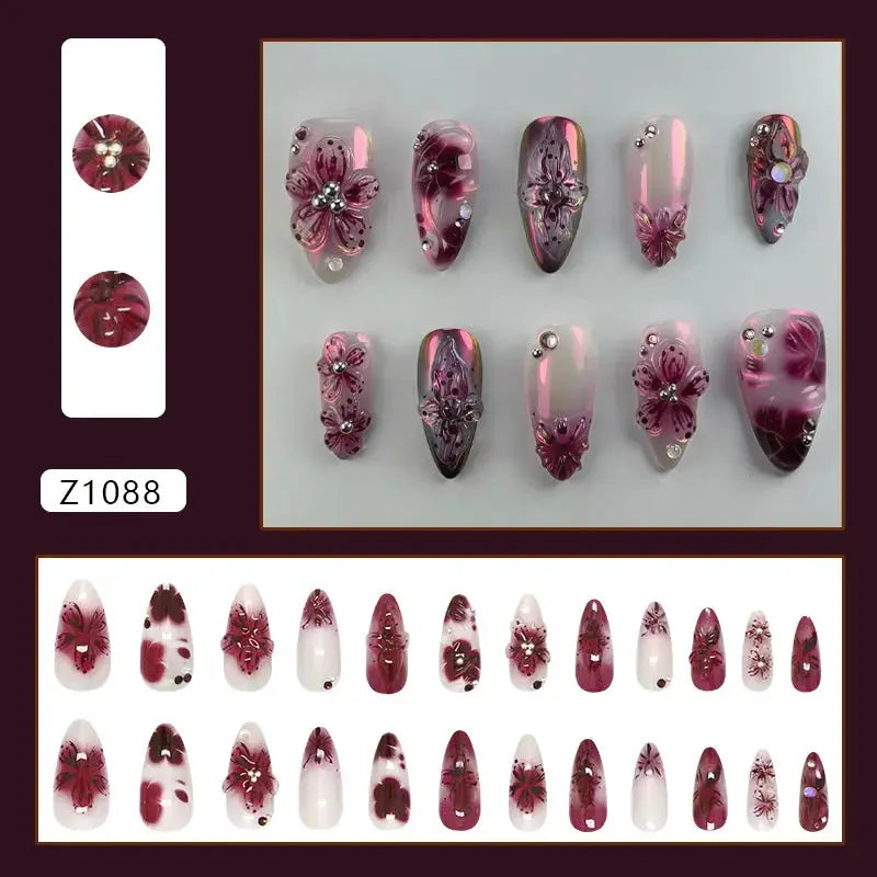 Spicy Girl Flower Print Press On Nails 24Pcs Wine Red Blush Almond Wearable Reusable False Nail Tips For Summer
