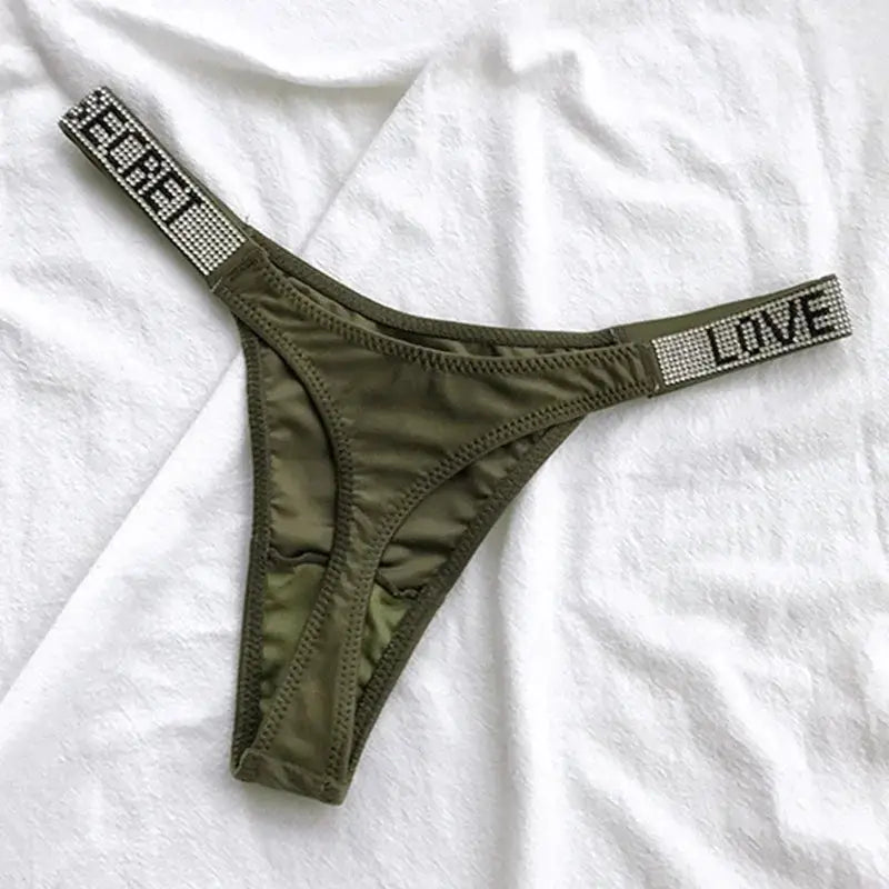 Low-rise olive green thong with rhinestone waistband featuring LOVE lettering