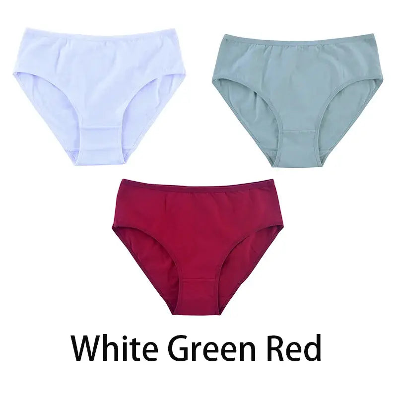3-pack women's seamless cotton briefs in white, green, and red.