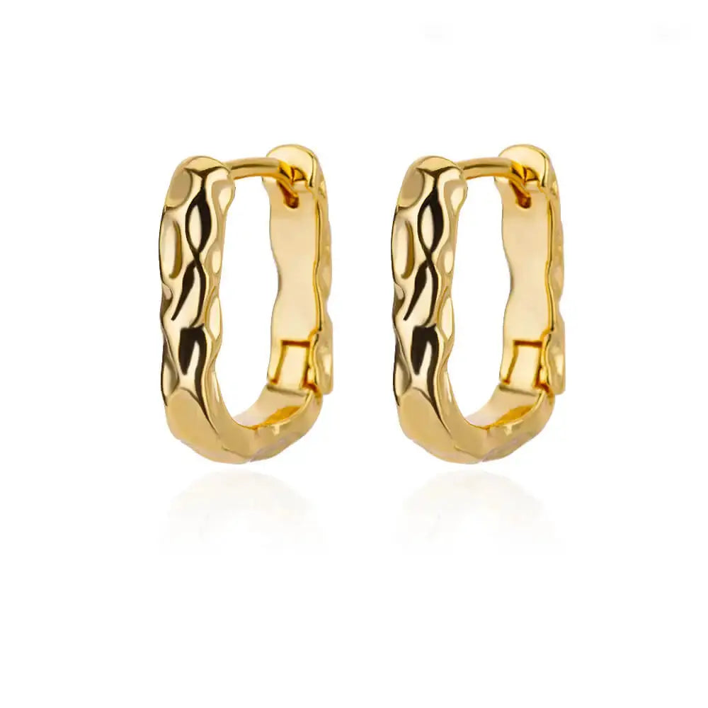 Gold-tone stainless steel hoop earrings with textured round design; pair (2) by Simples Market