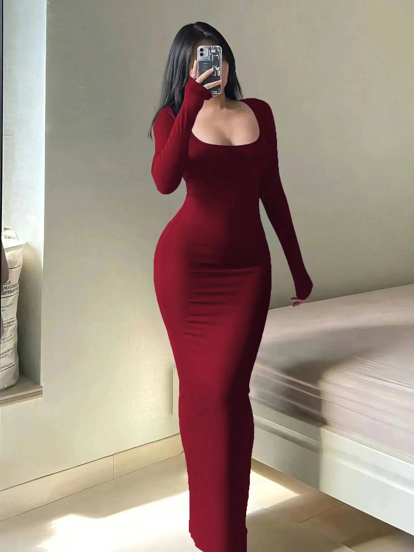 LuxeLine Womens Solid Long Sleeve Bodycon Dress With Square Neckline Ankle Length Silhouette And Stretch Fabric