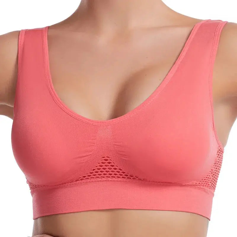 S-7XL Plus Size grid air-hole sports bra, pink, breathable mesh panels, no underwire, Simples Market