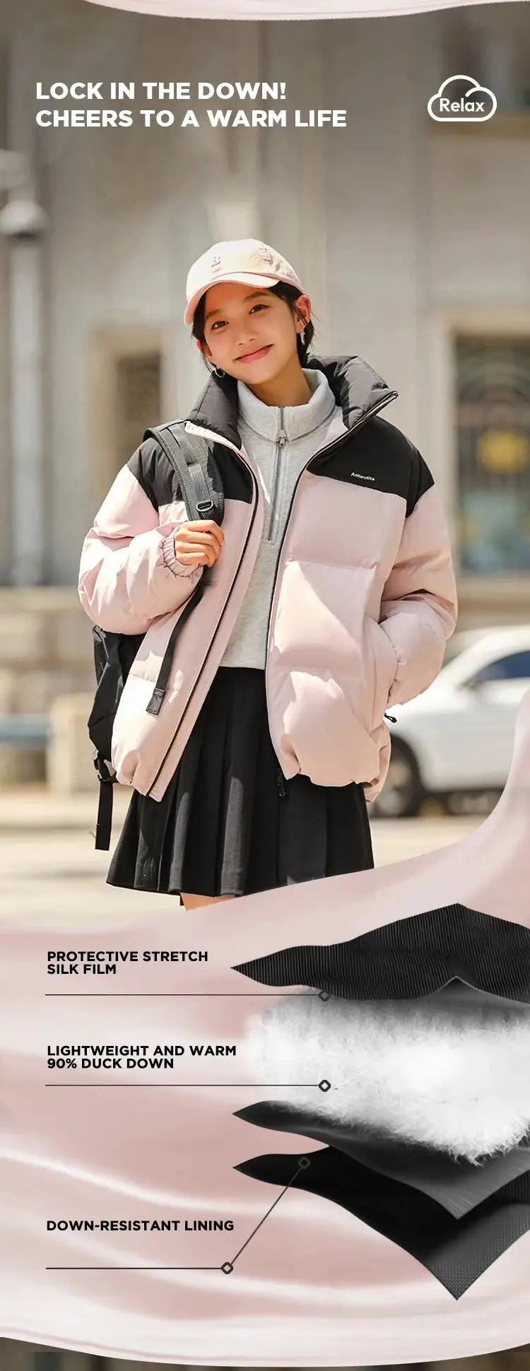 Semir down jacket pink and black quilted unisex puffer coat with windproof design