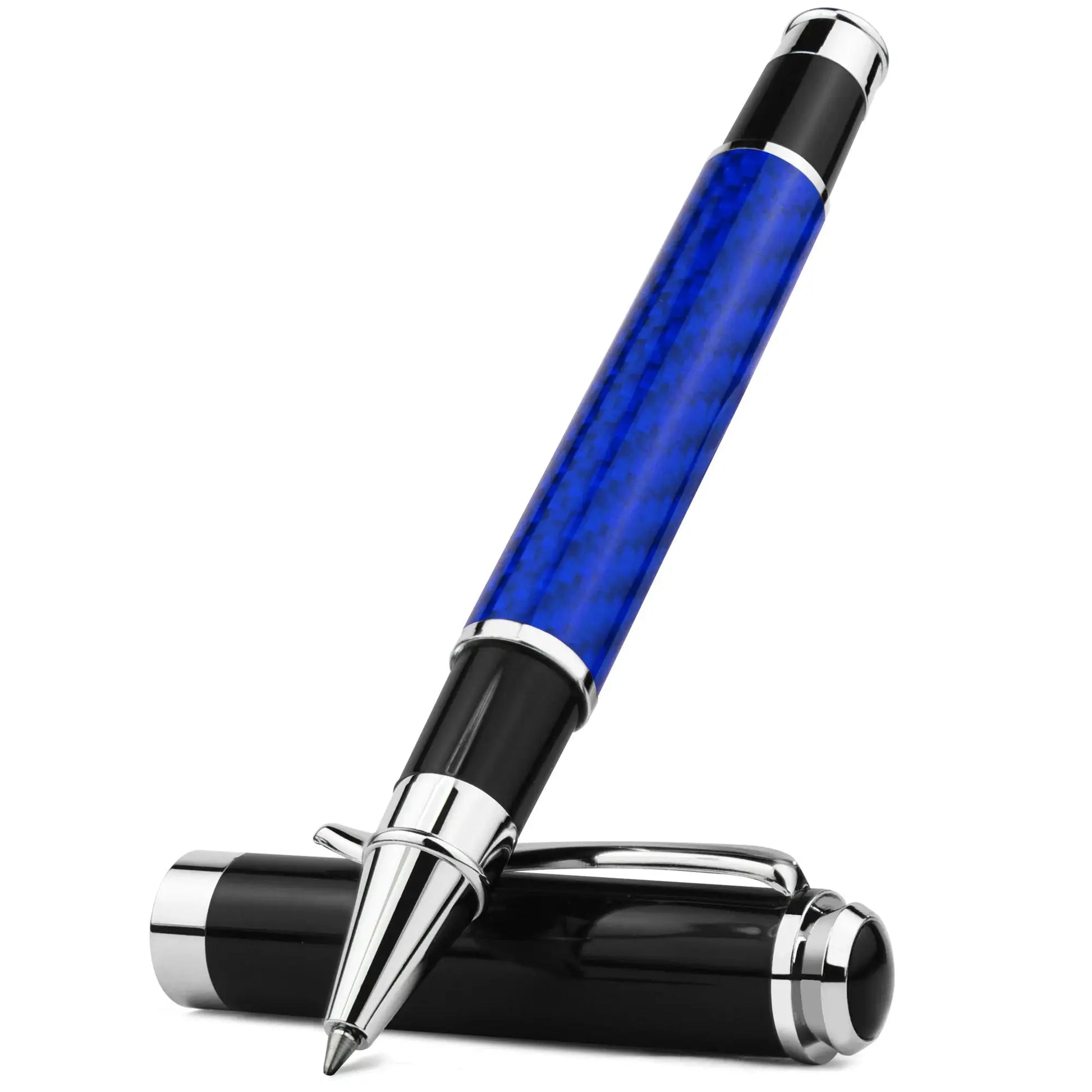 Carbon fiber signature pen with blue barrel and chrome trim