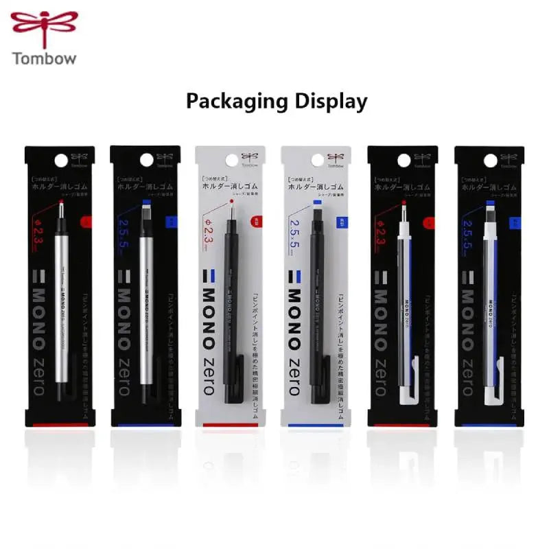 Tombow MONO ZERO eraser pen packaging display; six packs in black and white with red/blue accents