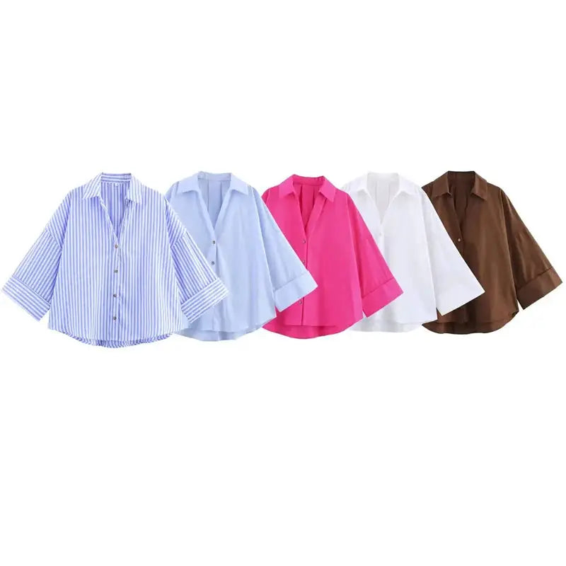 HXAO 2025 women's oversized shirts, 5 colors: blue striped, light blue, pink, white, brown; long-sleeve blouses
