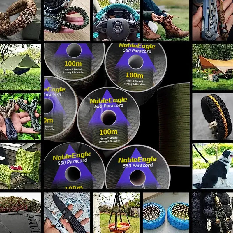 Paracord rope 550, 4mm, 100m spools with Noble Eagle branding for outdoor camping and survival.