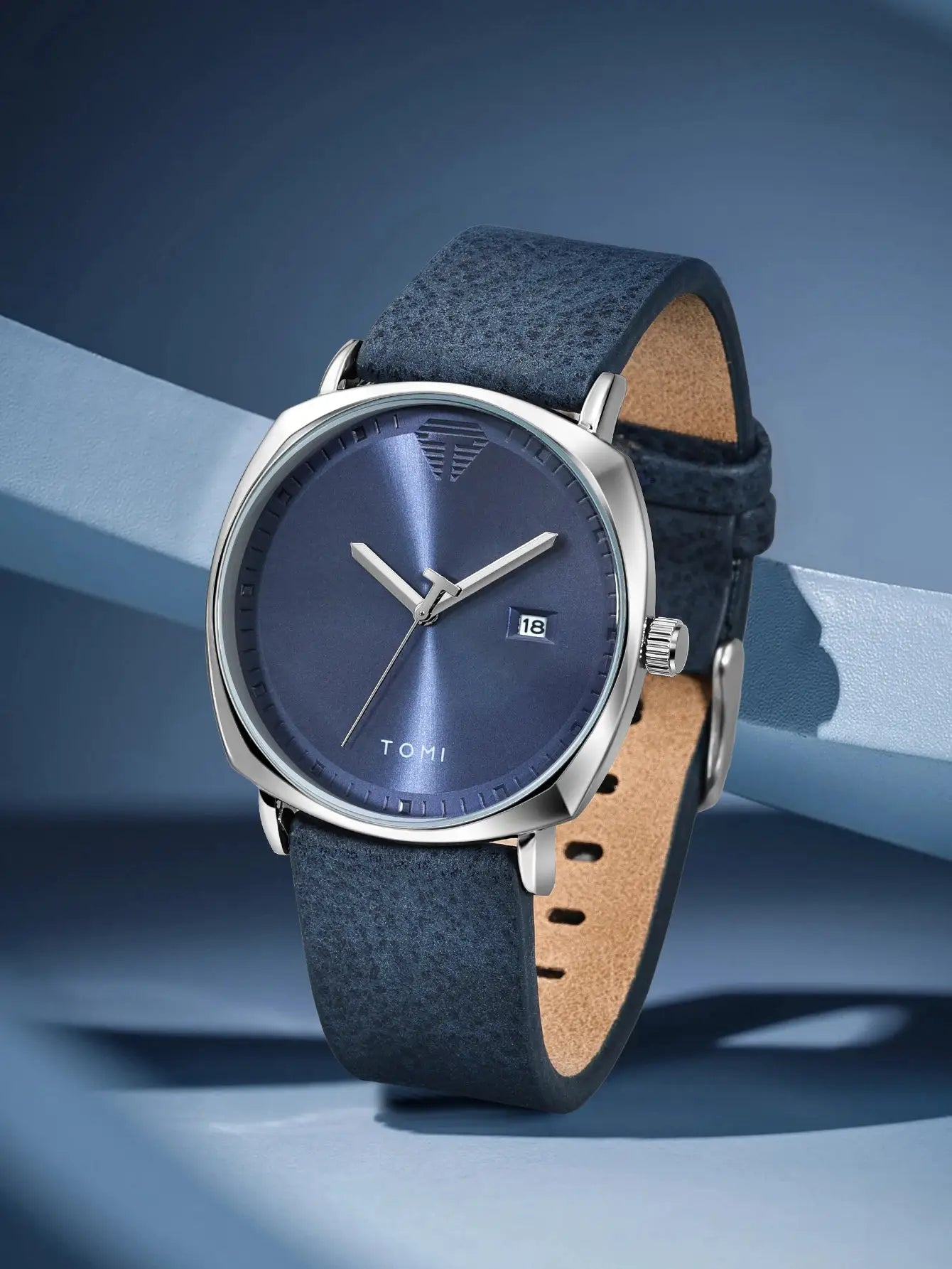 TOMI Men's Watch blue dial, blue leather strap, silver case with date window