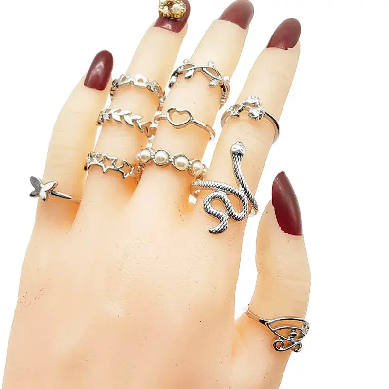 30Pcs Mix Pearl Silver Rings Set With Animal Snake Chain Hollow Leaf Butterfly Flower Gift For Girls Women Jewelry