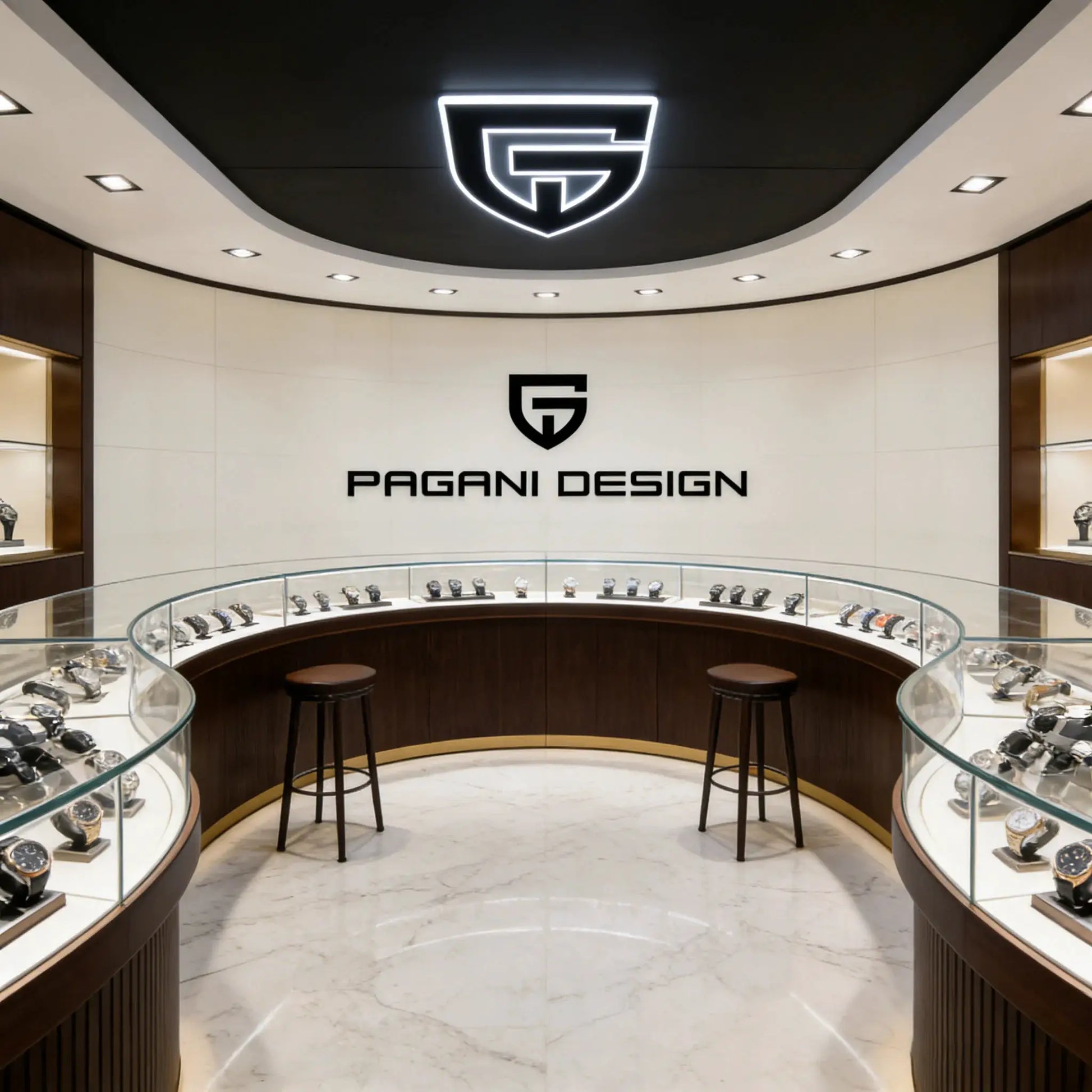 PAGANI DESIGN watches on curved glass display in a showroom with a large logo wall.