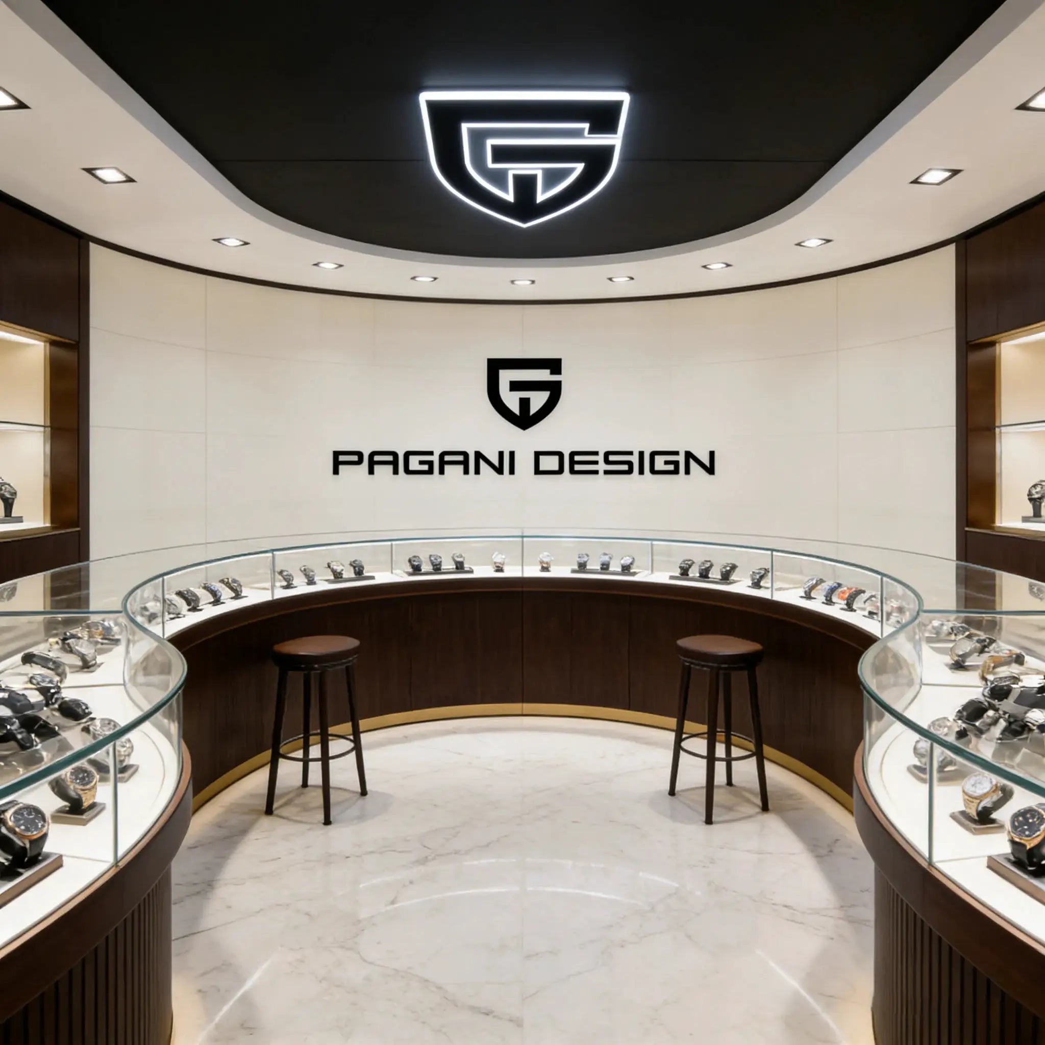 PAGANI DESIGN watches on curved glass display in a showroom with a large logo wall.