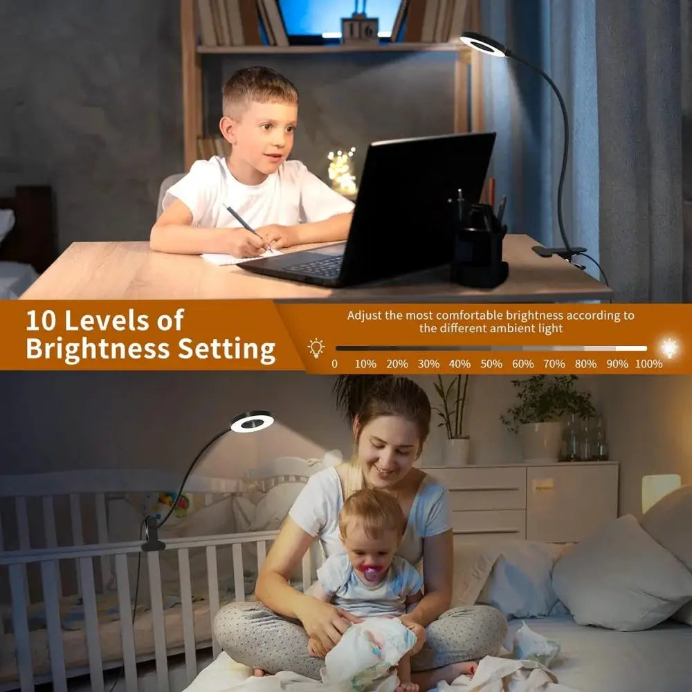 LED Reading Light with Clamp by Simples Market, black gooseneck desk lamp with adjustable brightness (2 shown)