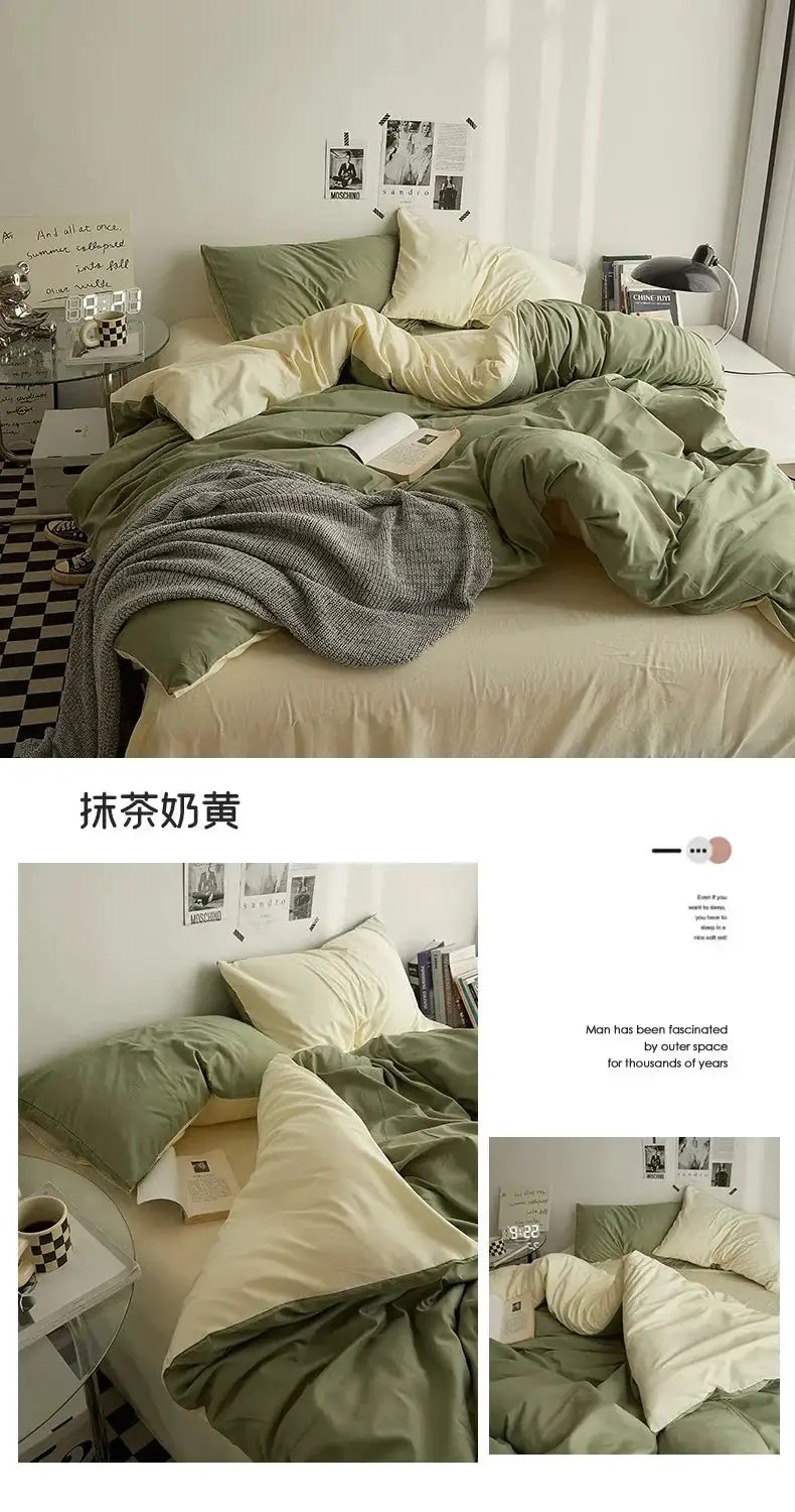 Solid-color cotton bedding 4-piece duvet set, double-washed, in sage green and cream on a dorm bed.