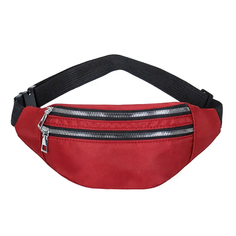 Fanny pack waist bag in red with black adjustable strap and dual silver zippers