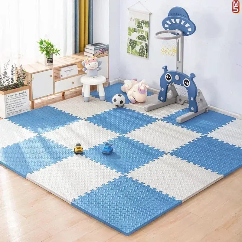 Interlocking EVA foam gym mats in blue and white checkerboard pattern; non-slip home gym flooring