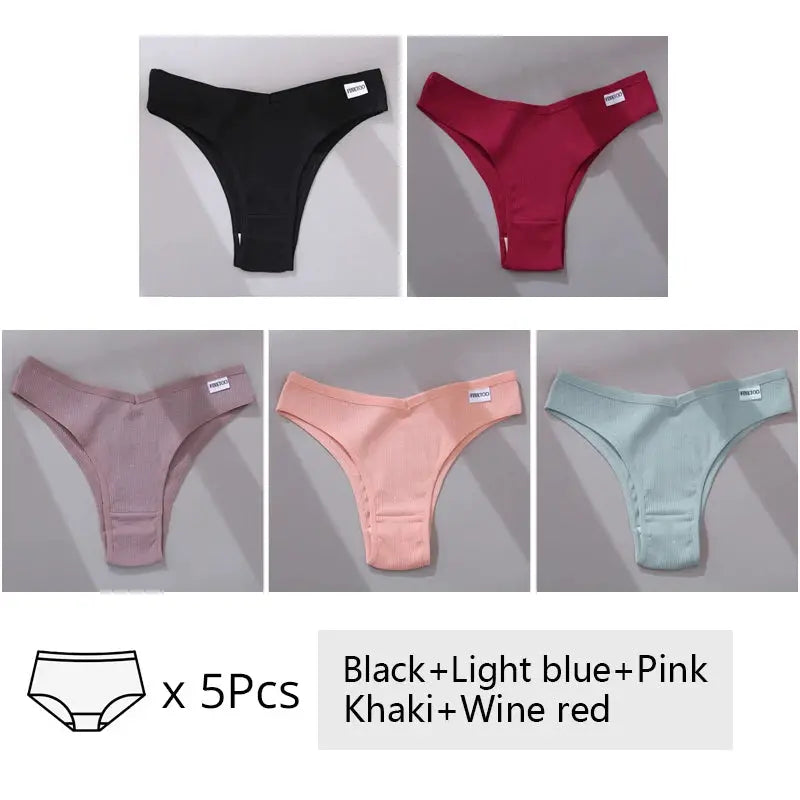 FINETOO cotton Brazilian panties 5-pack in black, light blue, pink, khaki, wine red by Simples Market