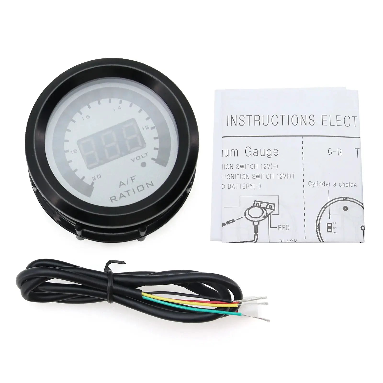Simples Market 2'' 52mm AFR gauge with 2-in-1 voltmeter, black bezel, wiring harness