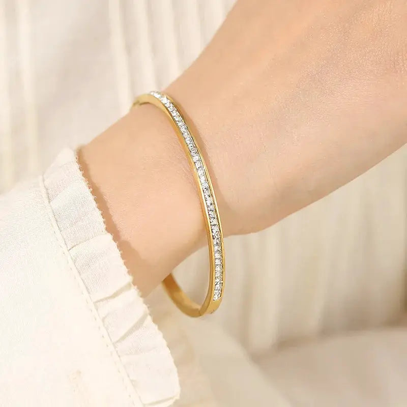 Gold-tone stainless steel cuff bracelet for women with pave crystals