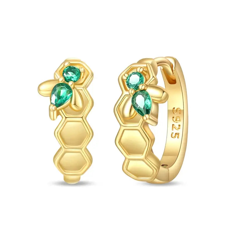 Gold-tone bee honeycomb hoop earrings with green stones, pair by Simples Market