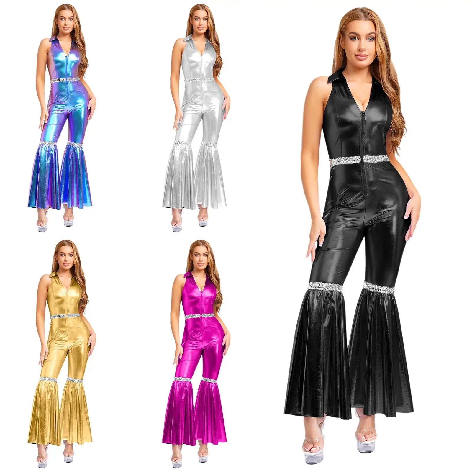 Five metallic disco jumpsuits in colors with V-neck, sleeveless, front zipper, sequin belt, bell-bottom pants.