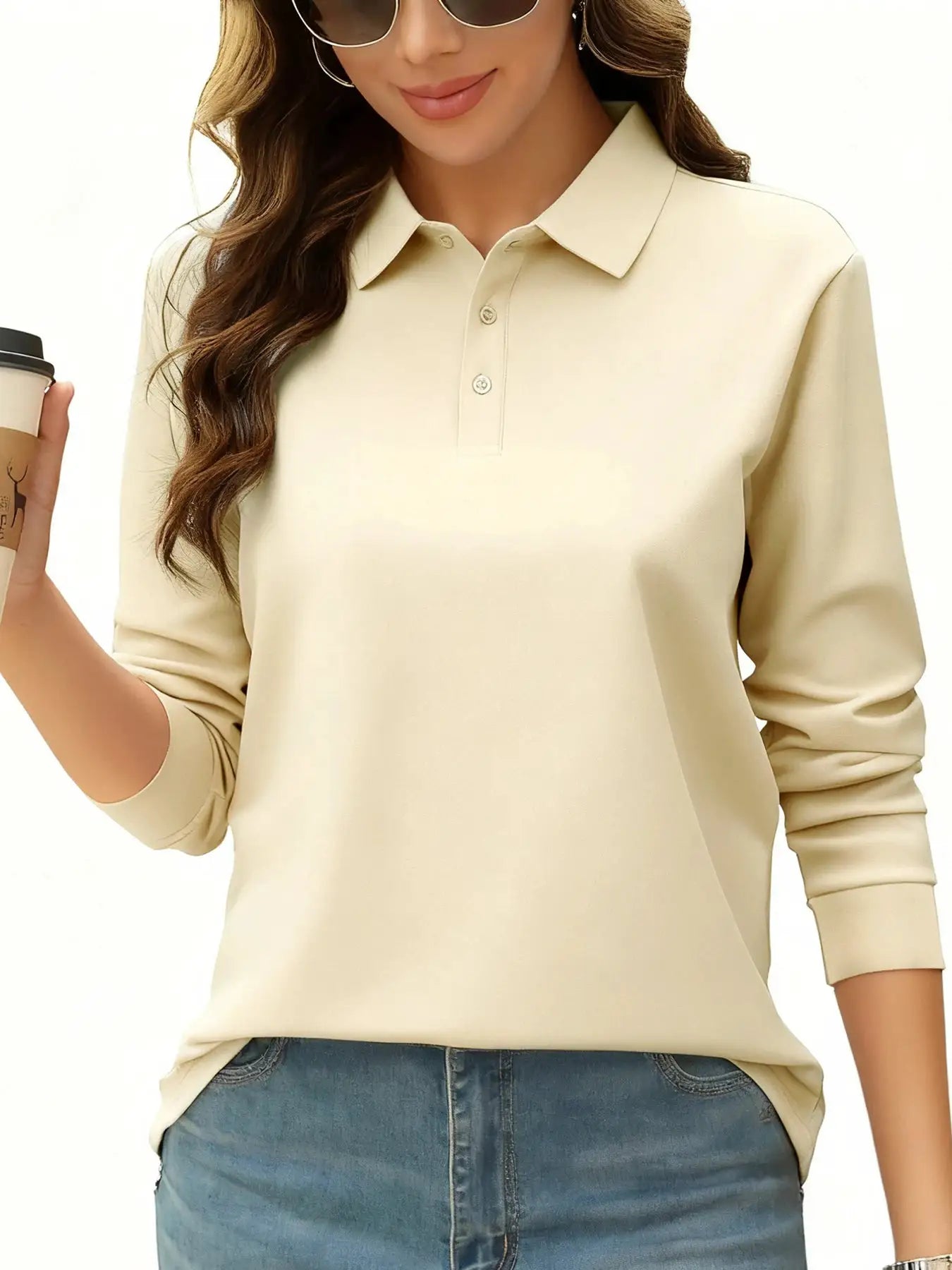 Solid Color Autumn Womens Long Sleeve Polo Shirt Lapel Streetwear