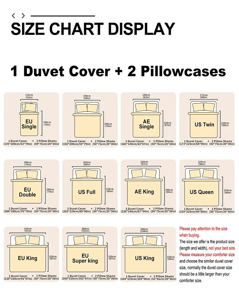Leaf floral duvet cover set by Simples Market; 3pc includes 1 duvet cover and 2 pillowcases with size chart for EU/US.