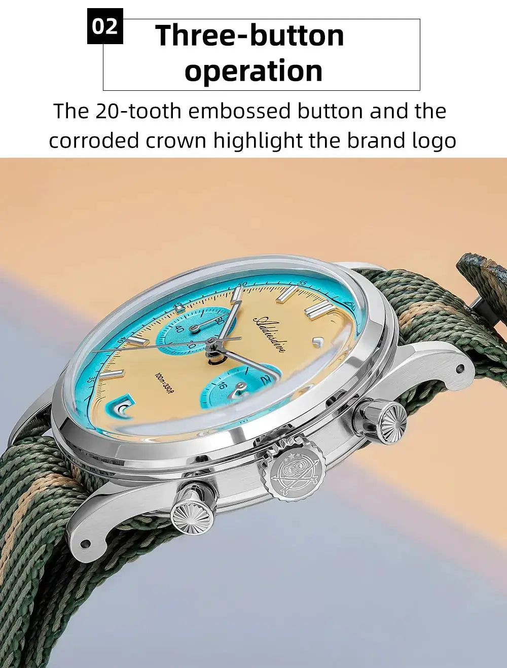 Addiesdive men's chronograph wristwatch with stainless steel case, bubble glass, and blue-gold dial on a rope strap