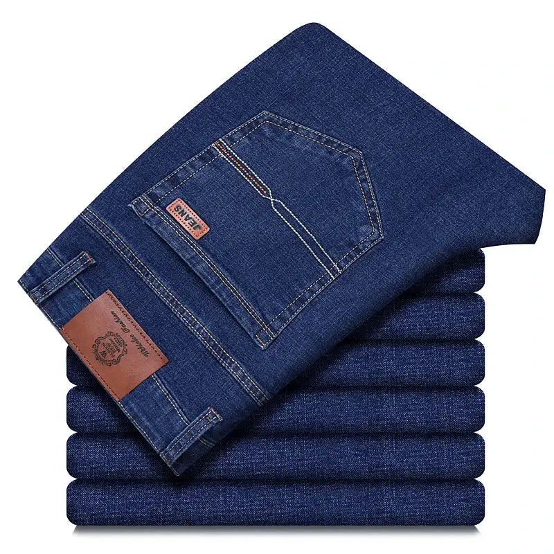 Men's blue denim jeans, straight-leg stretch, stack of 6 pairs