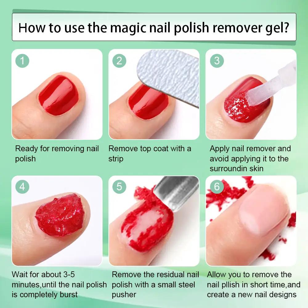MAFANAILS 15ml magic remover gel by Simples Market; six-step gel polish removal guide with red nails