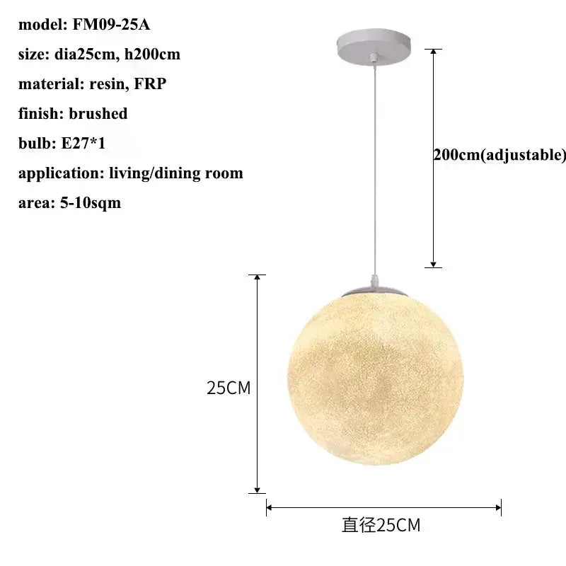 Nordic Moon LED pendant light by Simples Market, brushed resin sphere, 25 cm dia, E27, adjustable 200 cm cord.