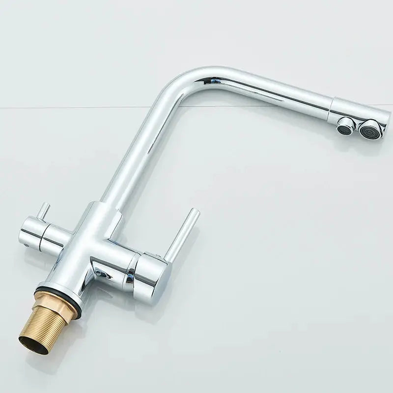 Simples Market chrome kitchen faucet with curved dual swivel spout and brass connector