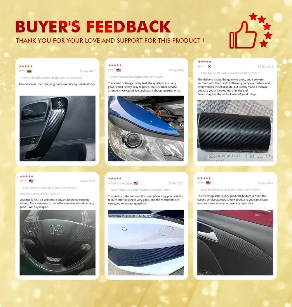 3D carbon fiber glossy black vinyl wrap sheet by Simples Market; six buyer feedback cards collage
