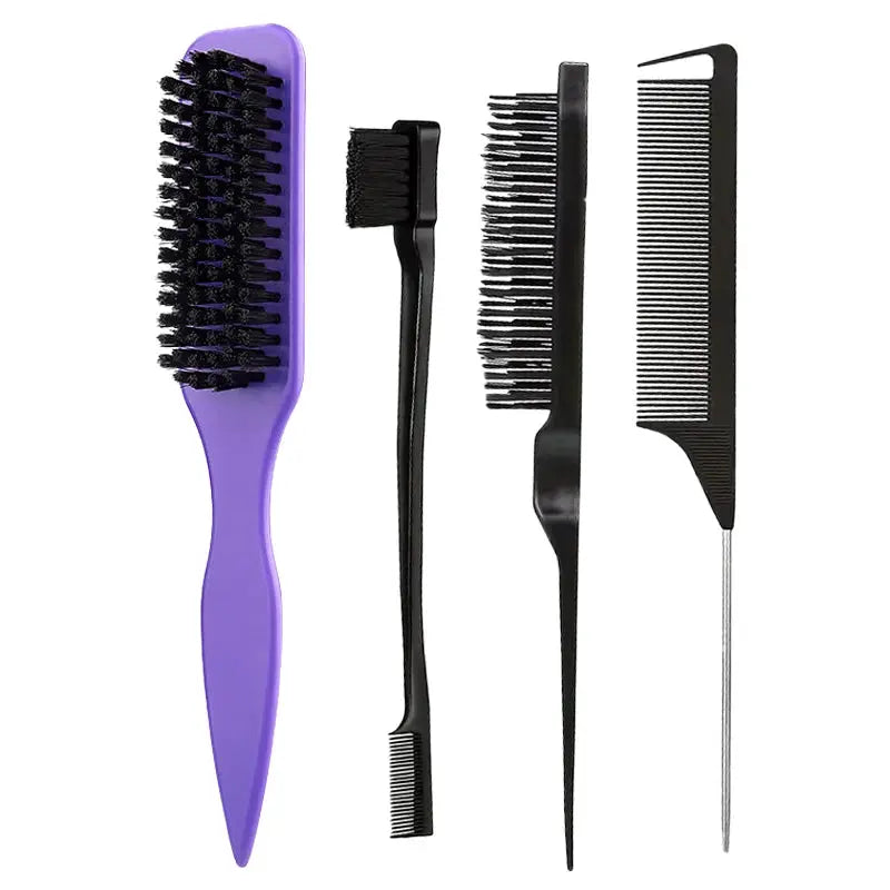 Bristle Slick-Back Hair Brush 4-piece set by Simples Market with purple paddle brush and assorted combs