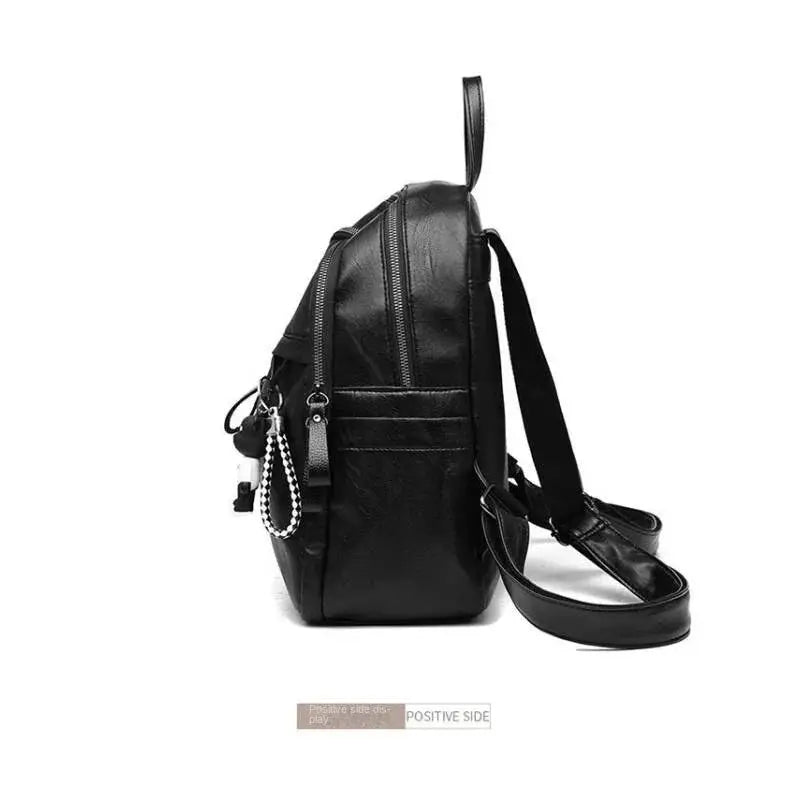 Backpack black faux leather with dual top zippers and adjustable shoulder strap