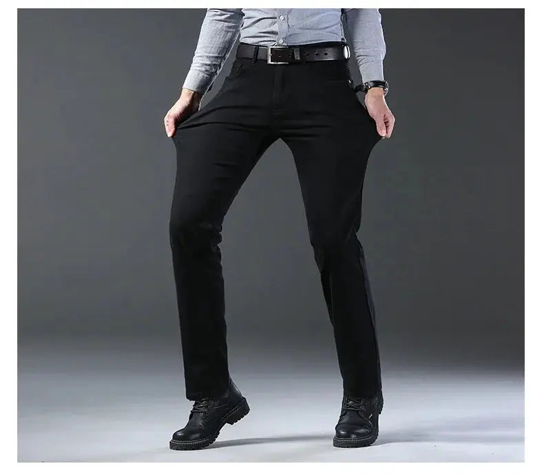 Men's black denim jeans, straight-leg with stretch
