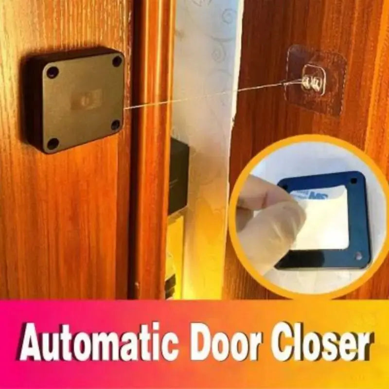 Automatic door closer and punch-free adjustable surface door stopper, black finish, by Simples Market on door frame