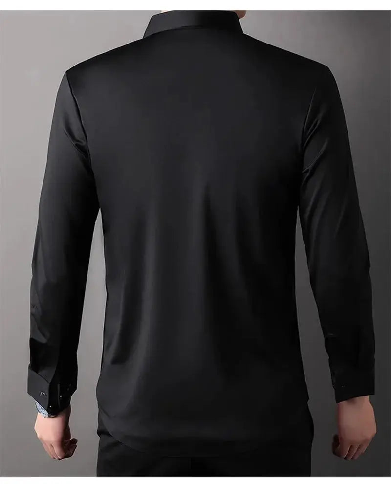 Men's black long-sleeve seamless shirt; professional business-casual top