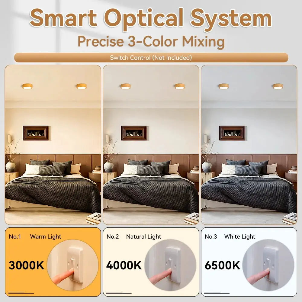 GX53 downlight wooden ceiling lamp in bedroom, shown in three color temps: 3000K warm, 4000K natural, 6500K white.