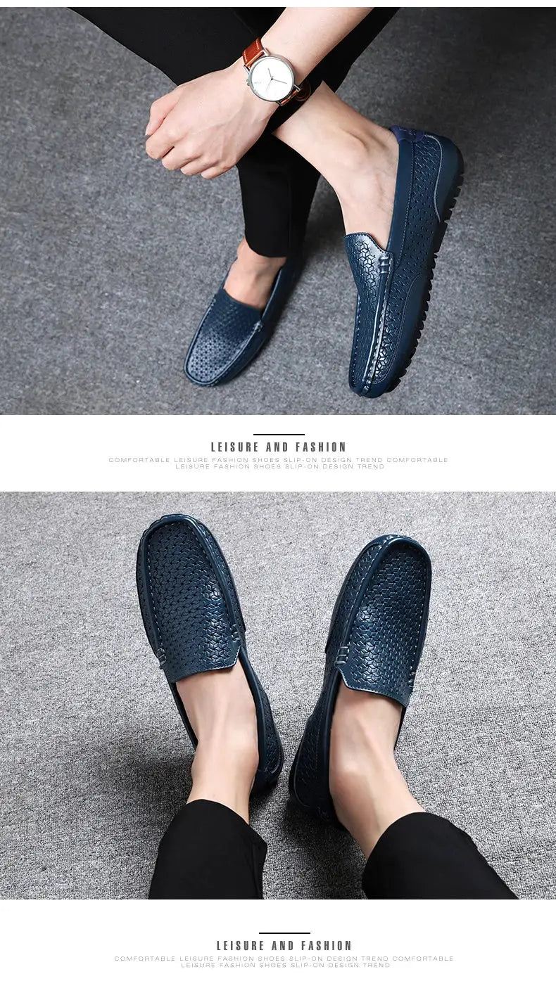 Simples Market blue genuine leather loafers with perforated texture, slip-on driving moccasins