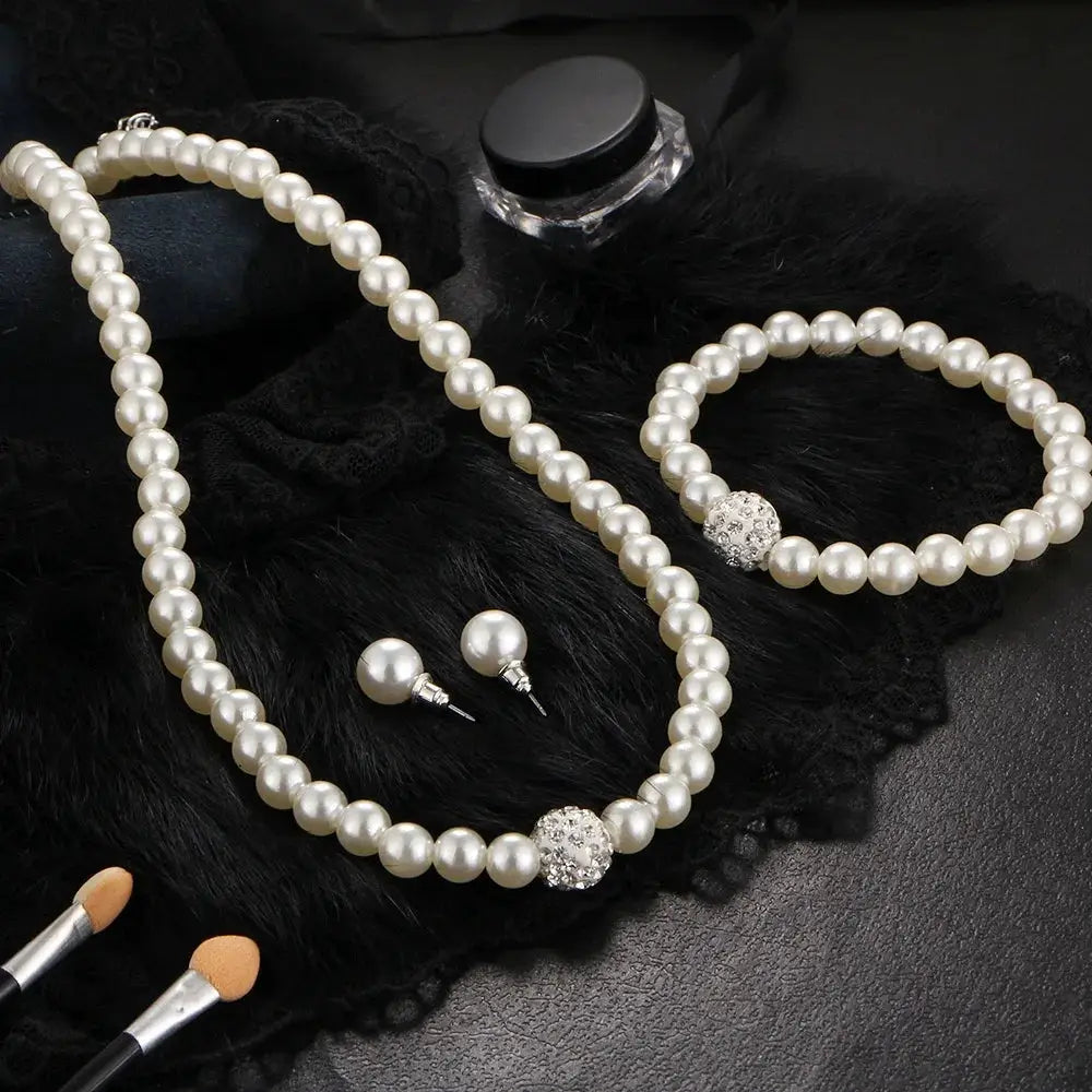 3 Piece Imitation Pearl Fireball Necklace Bracelet Earring Stud Jewelry Set For Women Silver Crystal Bridal Gift