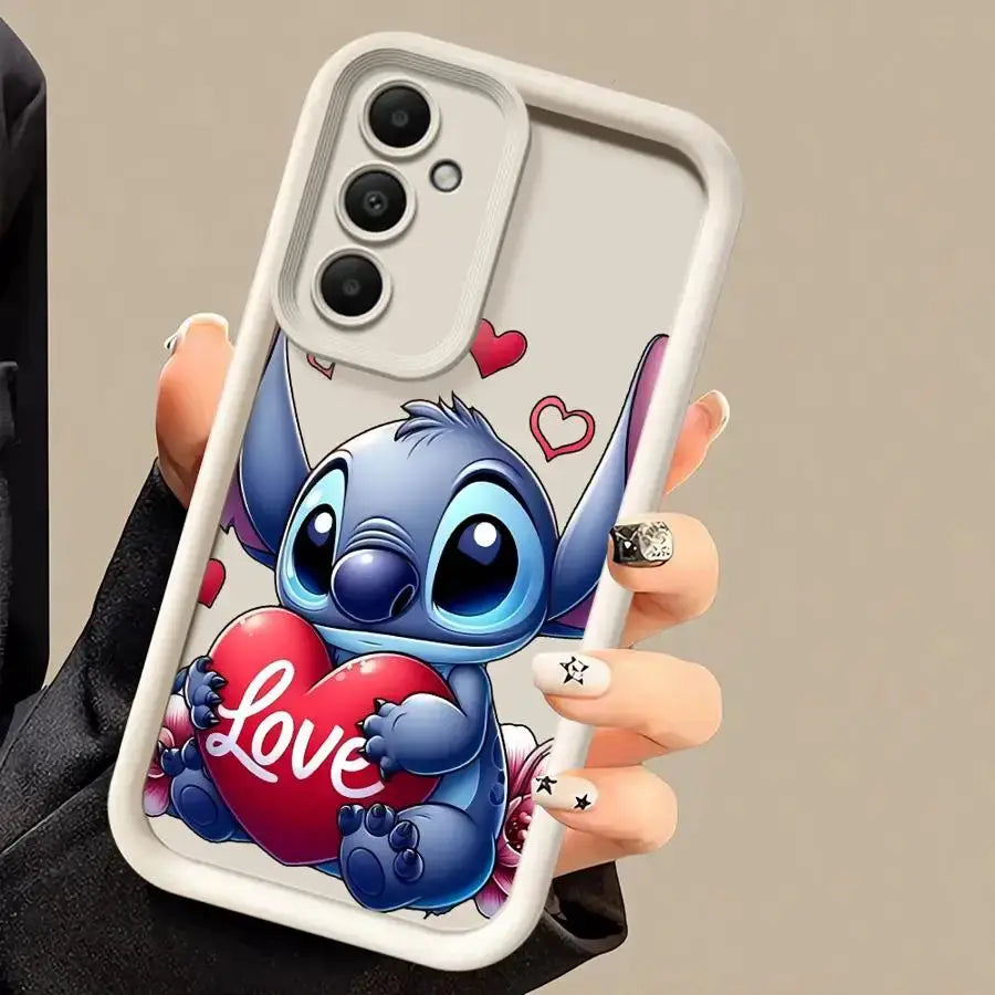 Stitch Disney soft-cover phone case by Simples Market; white frame with Stitch holding a heart for Samsung A-series