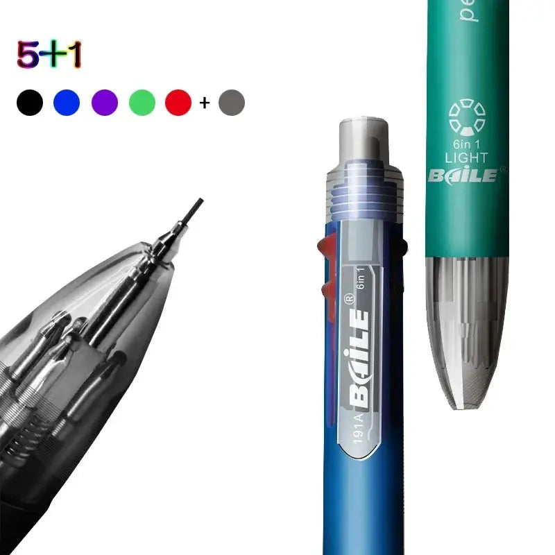Boile 6-in-1 multicolor ballpoint pen set; two pens with pencil eraser, 5 ink colors, blue and green barrels