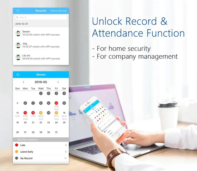 R5 PRO smart door lock by Simples Market; TTLock app interface with attendance and records screens.