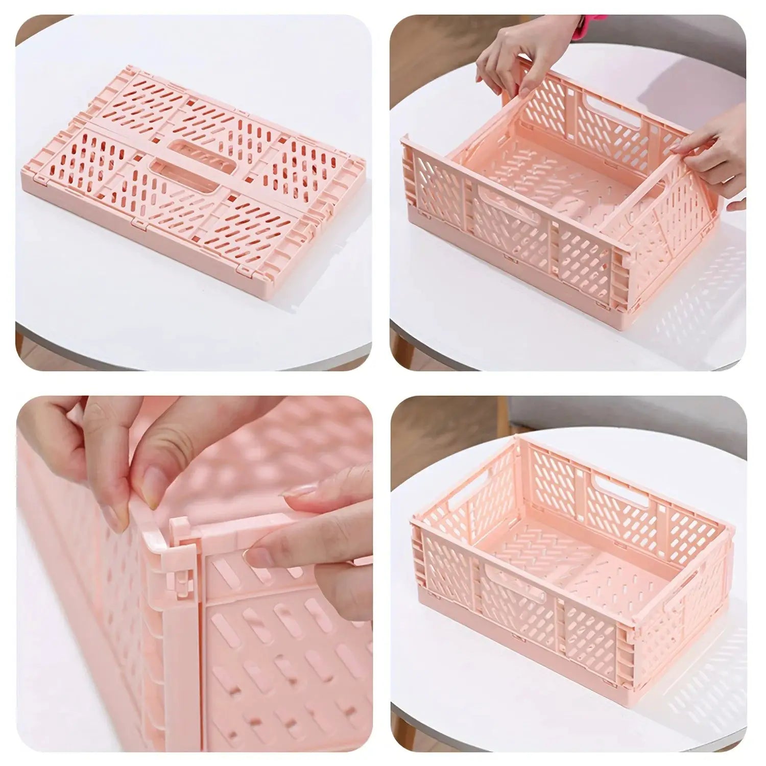 1pc foldable plastic storage crate, pink, Simples Market, portable stackable box for makeup and jewelry