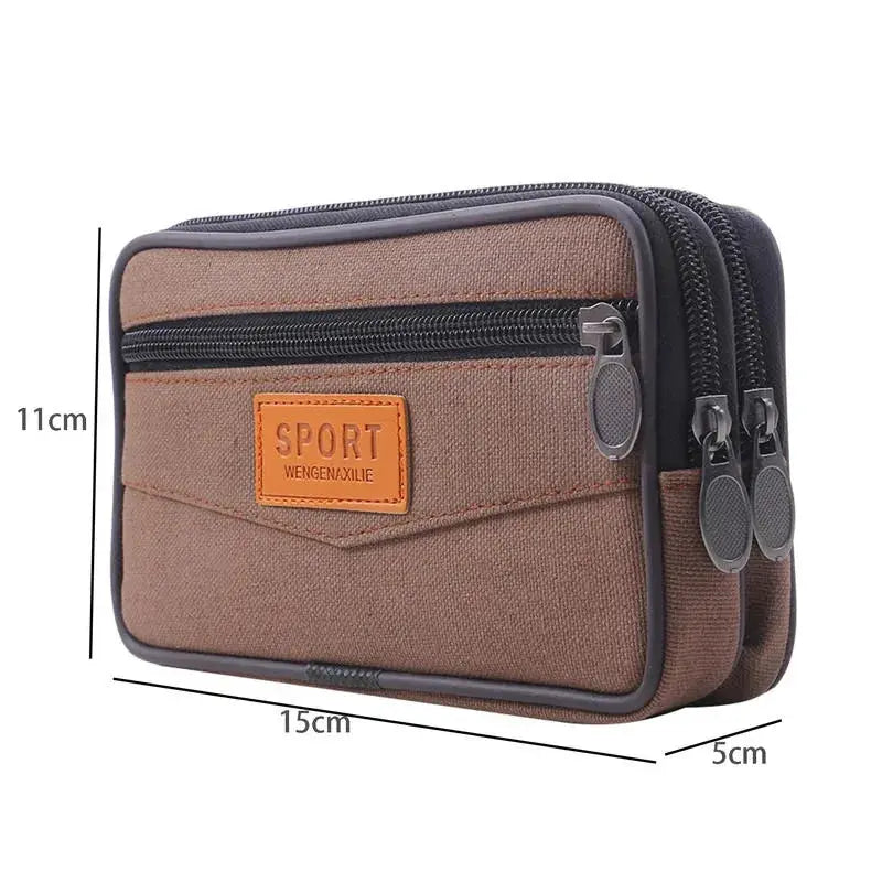 Men's waist pack bum bag in brown canvas nylon with dual zippers and orange front patch