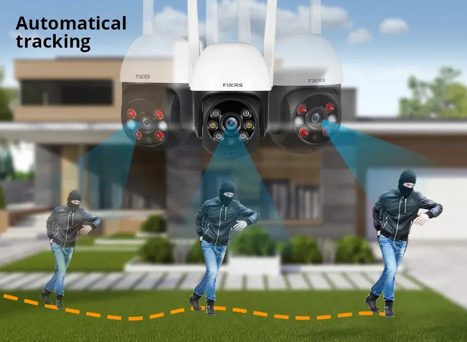 FUERS outdoor 3-camera 8MP 4K IP security system with automatic tracking and AI human detection.