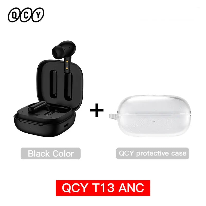 QCY T13 ANC wireless earbuds in black with charging case and white protective case