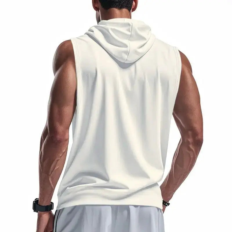 Men's white sleeveless hooded gym tank top by Simples Market