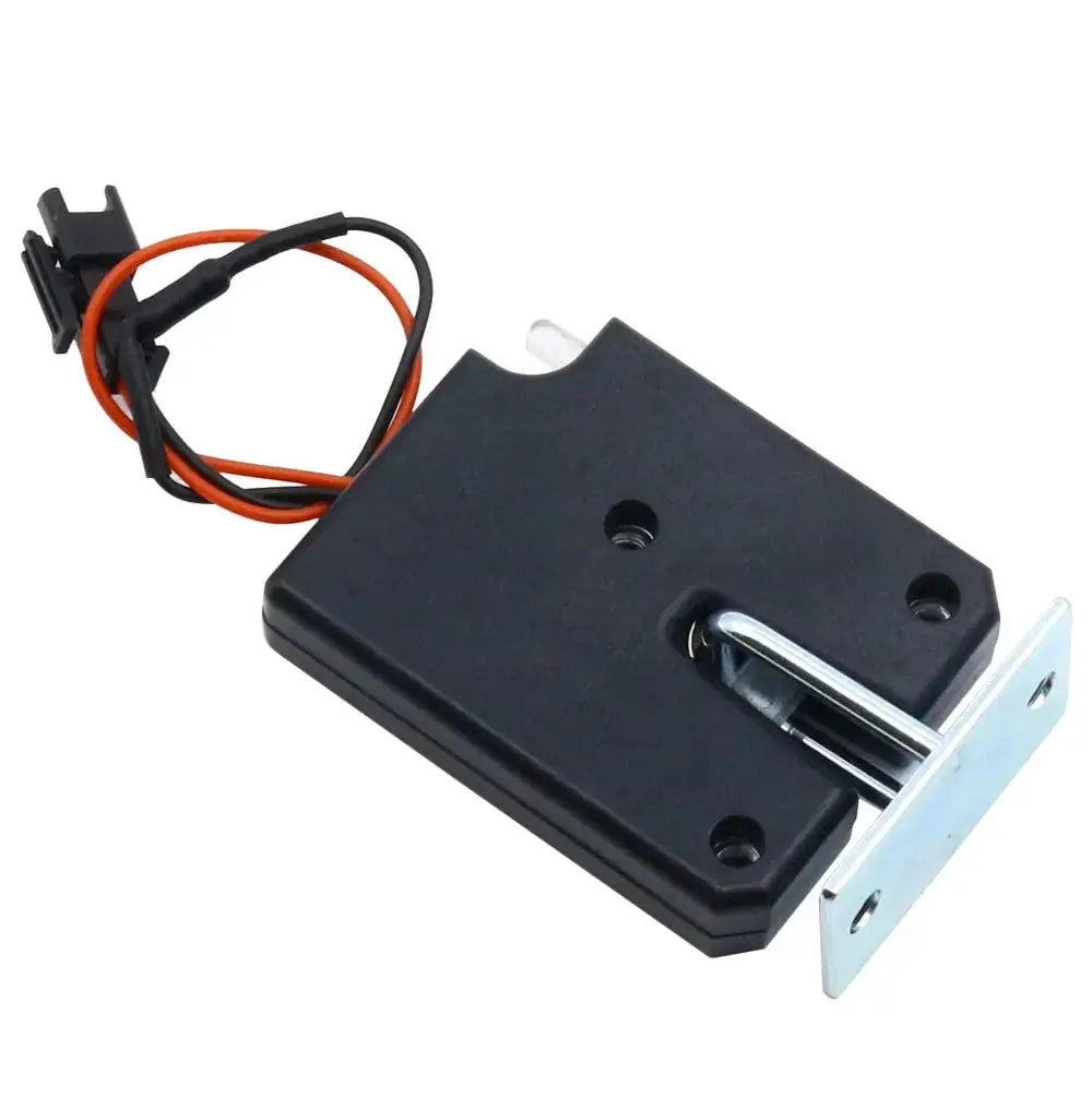 Electric cabinet lock with black plastic housing, metal bolt, and red/black wires